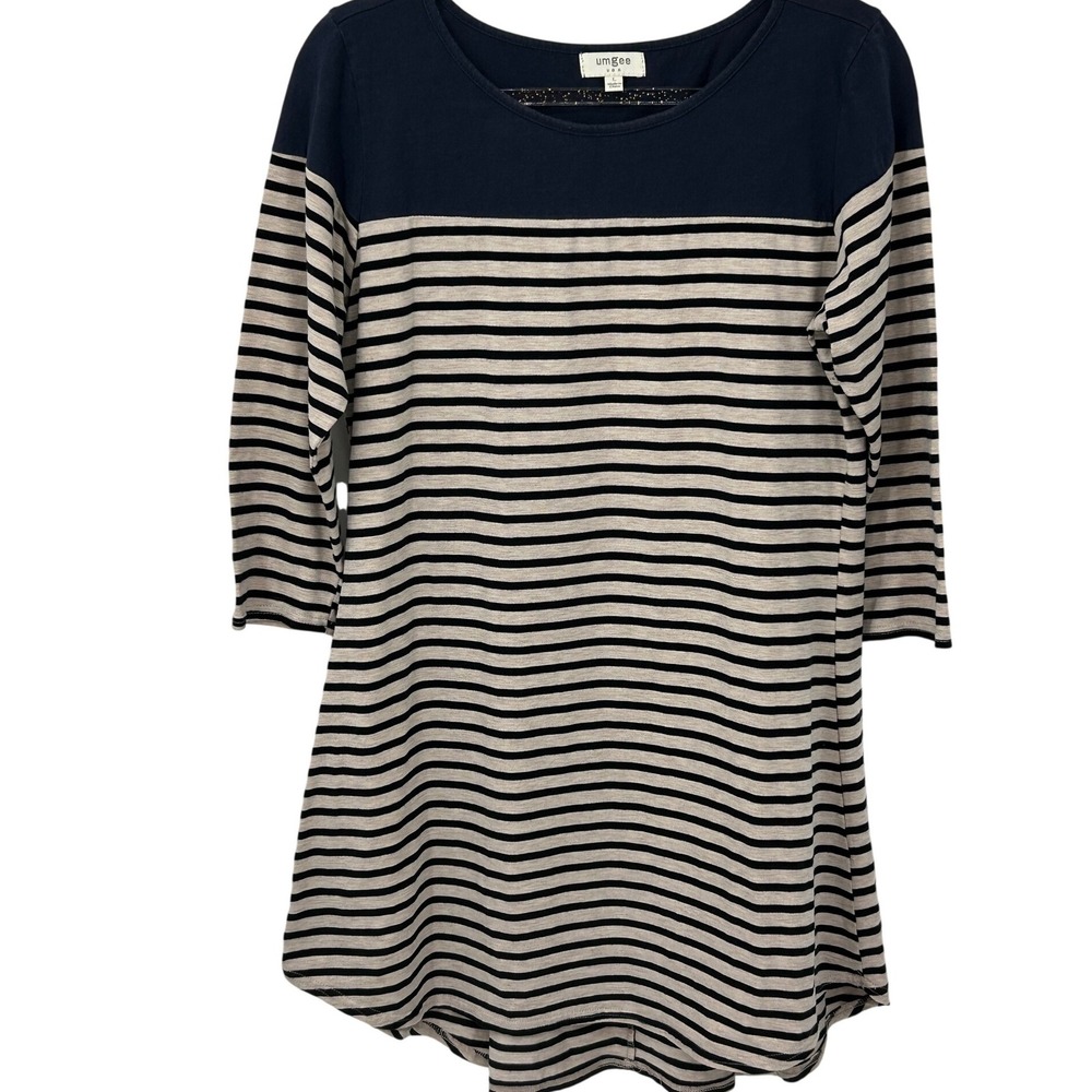 Umgee USA Womens Navy Blue Tan Striped 3/4 Sleeve Tunic‎ Dress Back Pleat Large